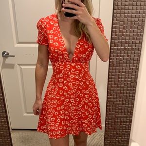 Red with white flowers dress